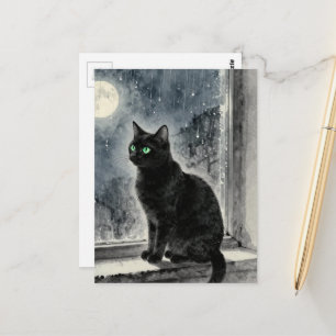 雨の夜の窓辺の黒猫 ポストカード
