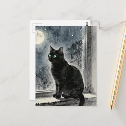 雨の夜の窓辺の黒猫 ポストカード (正面/裏面インサイチュ)