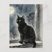 雨の夜の窓辺の黒猫 ポストカード (正面)
