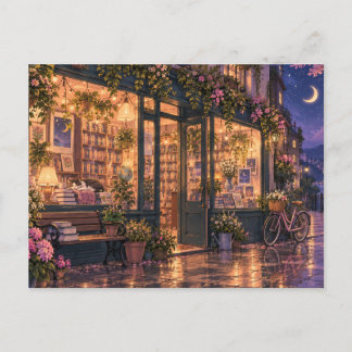 雨の夜の隠れ家のような本屋さん ポストカード