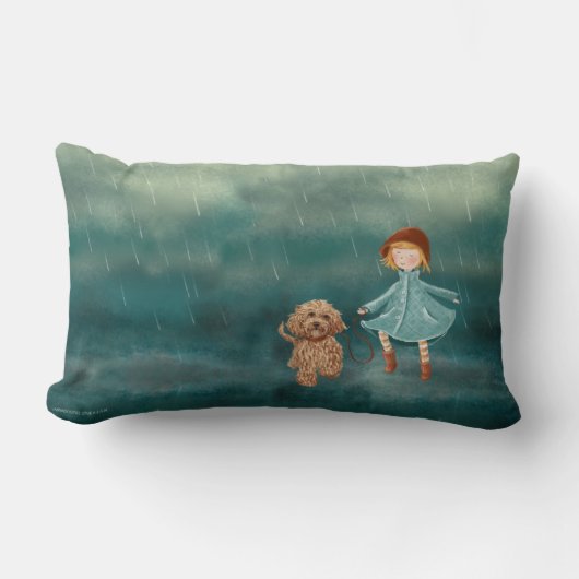 雨の女の子およびLabradoodle犬 ランバークッション (正面)