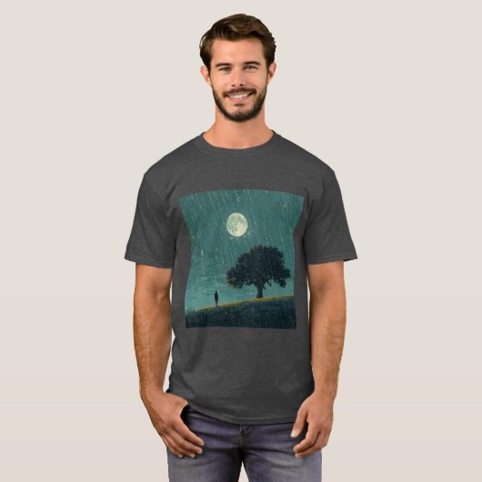 雨の寂寞 – 孤独な人と木のイラスト Tシャツ (正面フル)