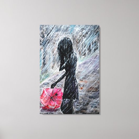 雨の嵐の中の女性と傘のキャンバスプリント キャンバスプリント (正面)