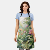 雨の庭の椿の花 水彩画 エプロン (着用した状態)
