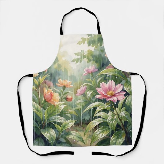 雨の庭の椿の花 水彩画 エプロン (正面)