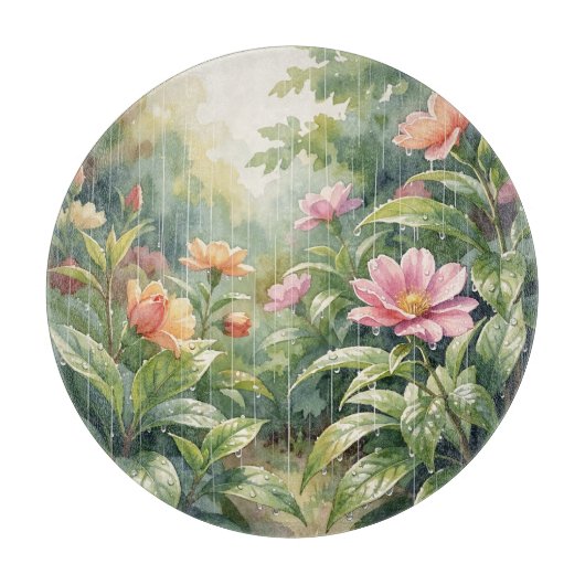 雨の庭の椿の花 水彩画 カッティングボード (正面)