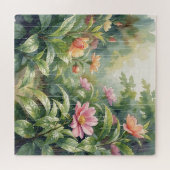 雨の庭の椿の花 水彩画 ジグソーパズル (横)