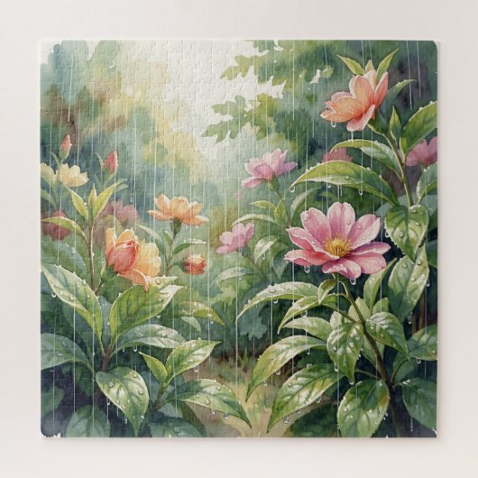 雨の庭の椿の花 水彩画 ジグソーパズル (縦)