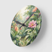 雨の庭の椿の花 水彩画 ラウンド壁時計 (傾斜)