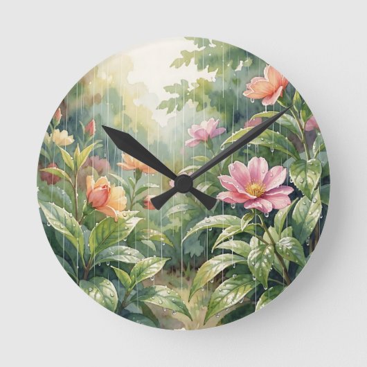 雨の庭の椿の花 水彩画 ラウンド壁時計 (正面)