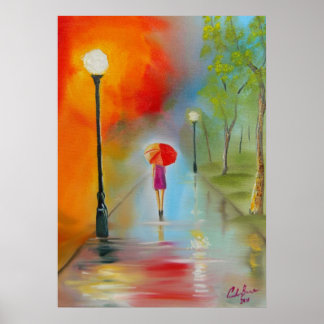 雨の日が赤い傘を持っ絵画た人 ポスター