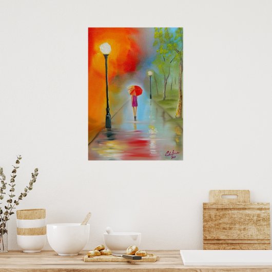 雨の日が赤い傘を持っ絵画た人 ポスター (キッチン)