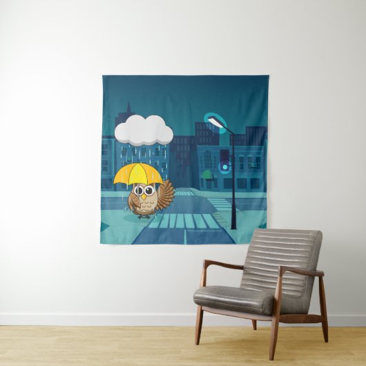 雨の日にかわいいフクロウ|過去記事 タペストリー (インサイチュ)