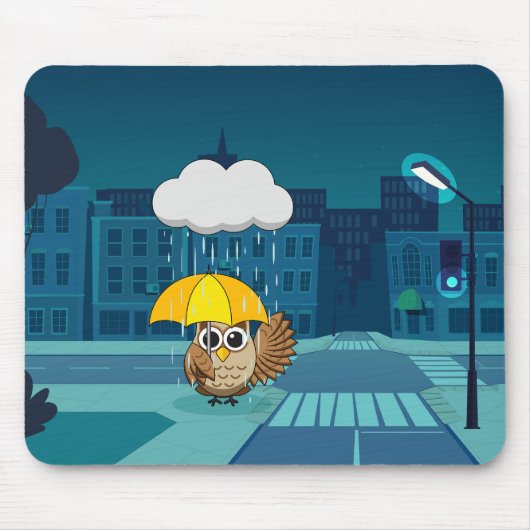 雨の日にかわいいフクロウ|過去記事 マウスパッド (正面)