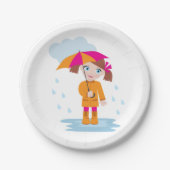 雨の日に傘を持つ女の子 キッズ 雨の日デザイン ペーパープレート (正面)