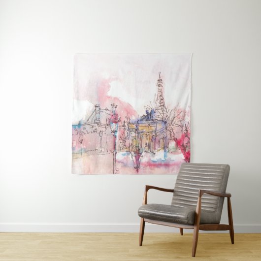 雨の日に水彩を放つパリのランドマーク – タペストリー (インサイチュ)