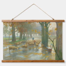 雨の日に羊飼いの羊の群れ