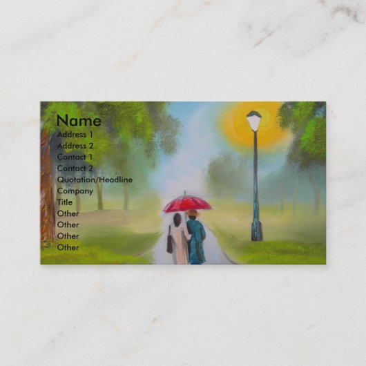 雨の日のカップルの傘の絵画 名刺 (正面)