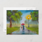 雨の日のカップルの傘絵画の ポストカード (正面/裏面)