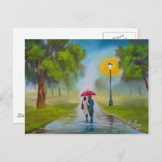 雨の日のカップルの傘絵画の ポストカード (正面/裏面)