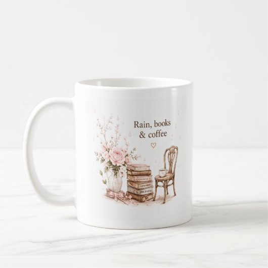 雨の日のコーヒー＆本 マグカップ（名入れ可） コーヒーマグカップ (左)