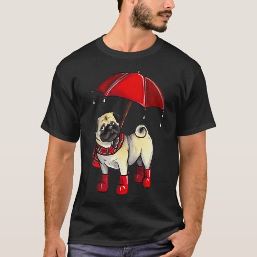 雨の日のパグ Tシャツ (正面)