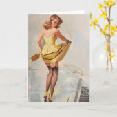 雨の日のピンアップガール カード (黄色い花)