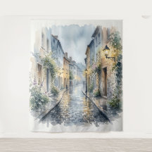 雨の日のヨーロッパの石畳の通り 水彩画