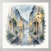 雨の日のヨーロッパの石畳の通り 水彩画 ポスター (正面)