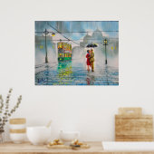 雨の日のロマンチックなカップルの傘のトラム絵画。 ポスター (キッチン)