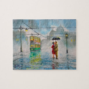 雨の日のロマンチックなカップルの傘の市街電車の絵画 ジグソーパズル
