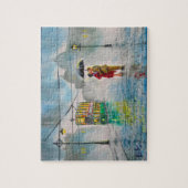 雨の日のロマンチックなカップルの傘の市街電車の絵画 ジグソーパズル (縦)