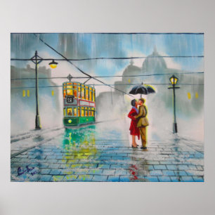 雨の日のロマンチックなカップルの傘の市街電車の絵画 ポスター
