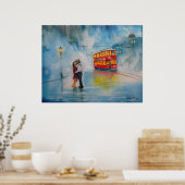 雨の日の傘の赤いトラムキスをするカップル ポスター (キッチン)