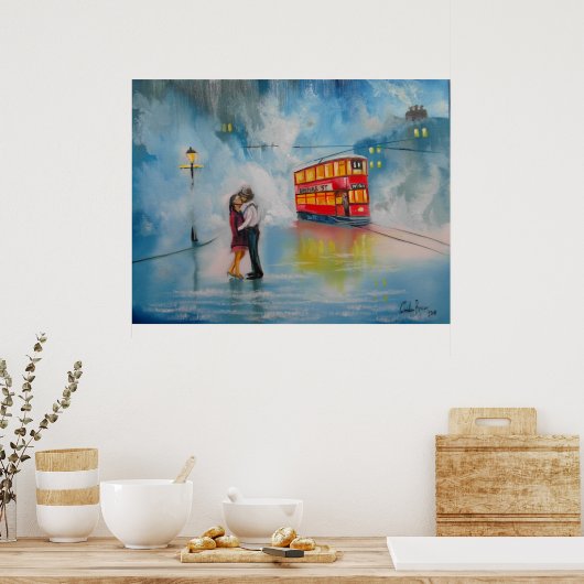 雨の日の傘の赤いトラムキスをするカップル ポスター (キッチン)