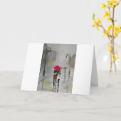 雨の日の傘の赤い市街電車のロマンチックなカップル カード (黄色い花)