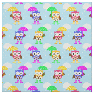 雨の日の学校のフクロウの生地 ファブリック