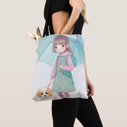 雨の日の小さな女の子 トートバッグ (クローズアップ)