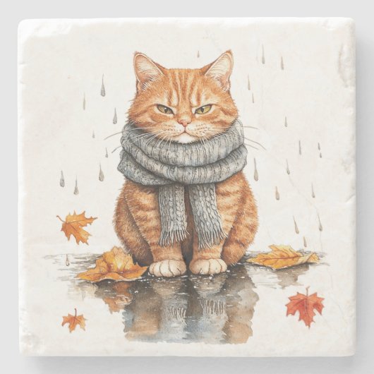 雨の日の怒ったオレンジ色の猫 ストーンコースター (正面)