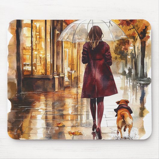 雨の日の散歩 少女 犬 ワインレッドのジャケット 街 マウスパッド (正面)