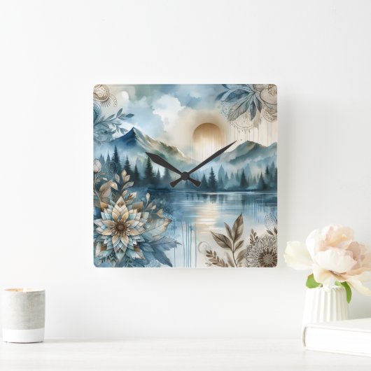 雨の日の水の色マウンテンレイクボー素朴ホ スクエア壁時計 (ホーム)