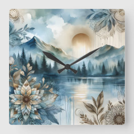 雨の日の水の色マウンテンレイクボー素朴ホ スクエア壁時計