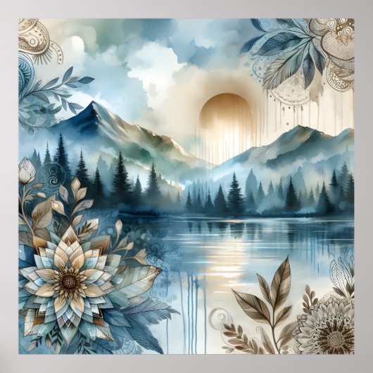 雨の日の水の色マウンテンレイクボー素朴ホ ポスター (正面)