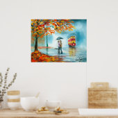 雨の日の秋の赤いトラムの傘ロマンチックなカップル ポスター (キッチン)