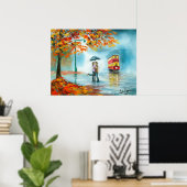 雨の日の秋の赤いトラムの傘ロマンチックなカップル ポスター (ホームオフィス)