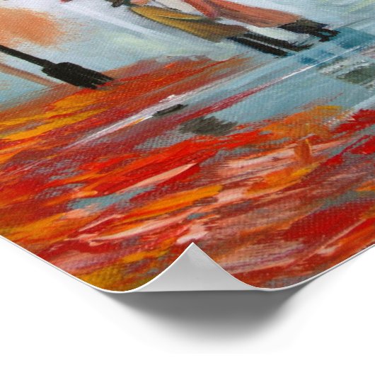 雨の日の秋の赤い傘のトラム絵画ズ ポスター (角)