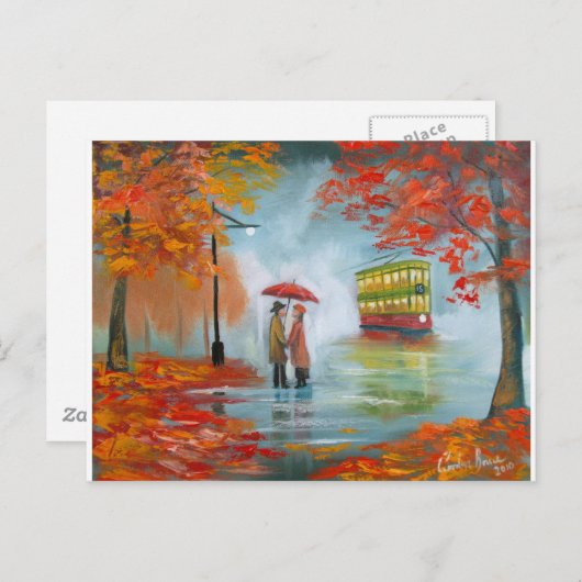 雨の日の秋の赤い傘のトラム絵画ズ ポストカード (正面/裏面)