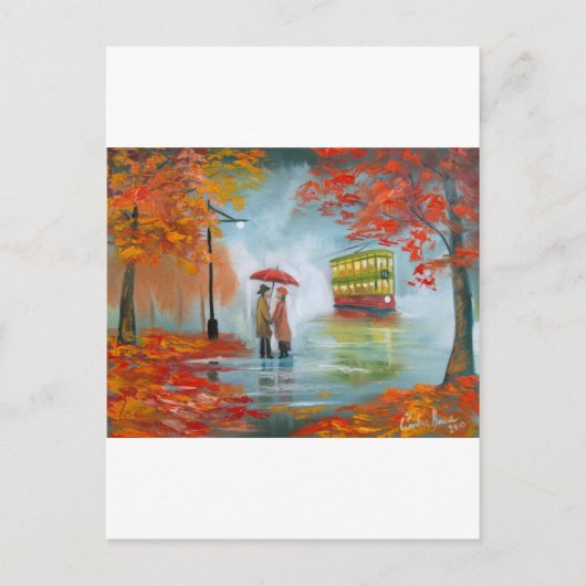 雨の日の秋の赤い傘のトラム絵画ズ ポストカード (正面)