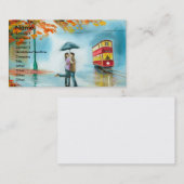 雨の日の秋の赤い市街電車の傘のロマンチックなカップル 名刺 (正面/裏面)