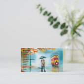 雨の日の秋の赤い市街電車の傘のロマンチックなカップル 名刺 (スタンド正面)